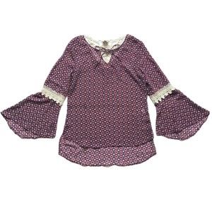 Como Vintage Womens Size Small Bell Sleeve Crochet Detail Geo Print Tunic Blouse